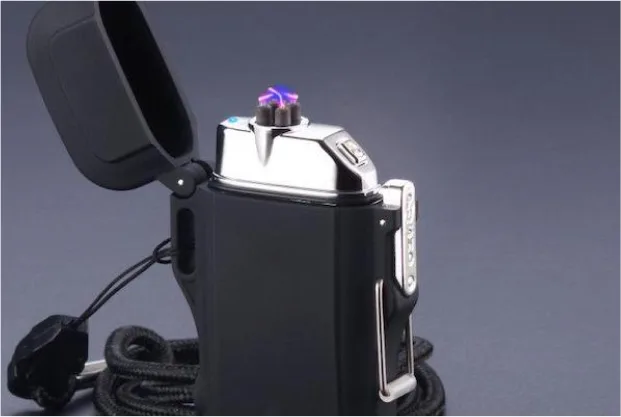 Black Lighter plasma lighter with the lid open and the purple dual arc lit